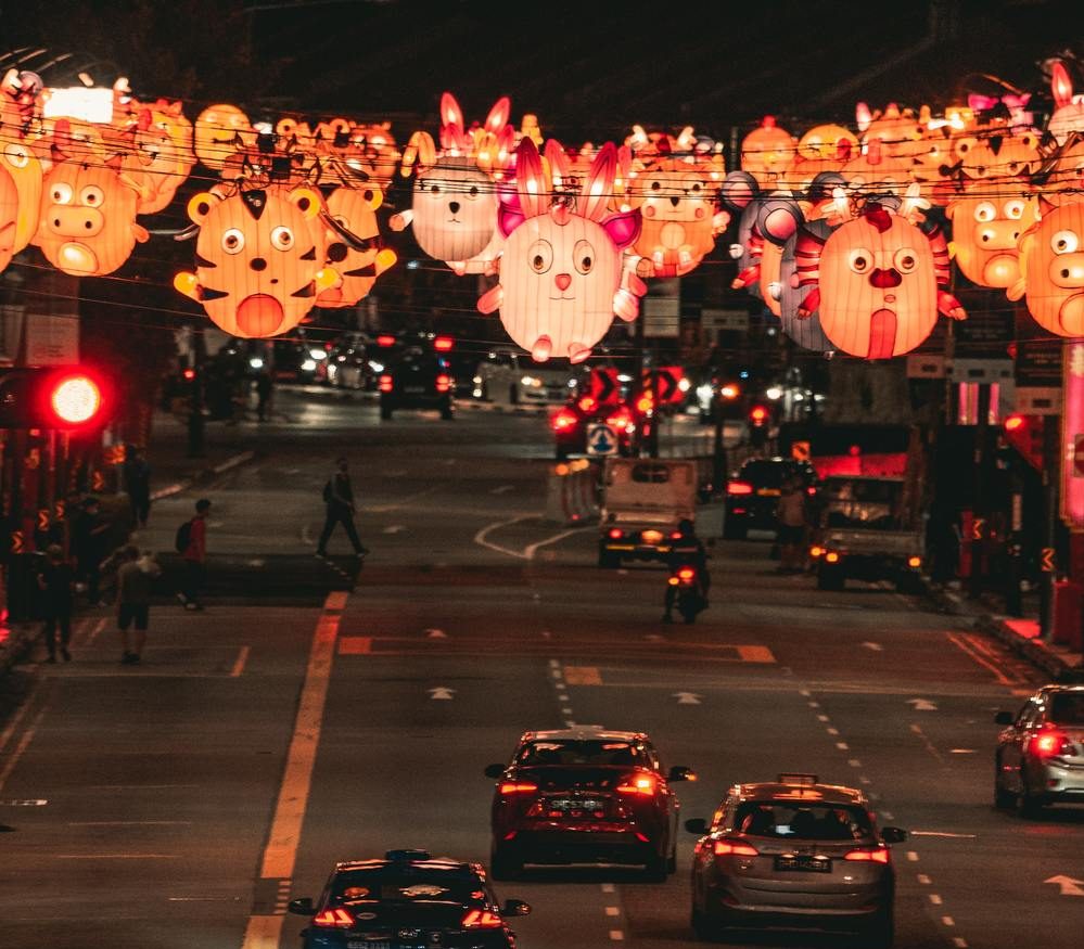 jeyakumaran-mayooresan-f8Hflb9Np-M-unsplash (1) Faixas com decorações de animais penduradas em uma avenida em comemoração ao Ano Novo Chinês