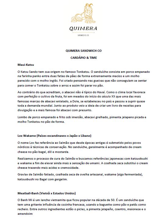 Quimera – Menu Quimera - Menu