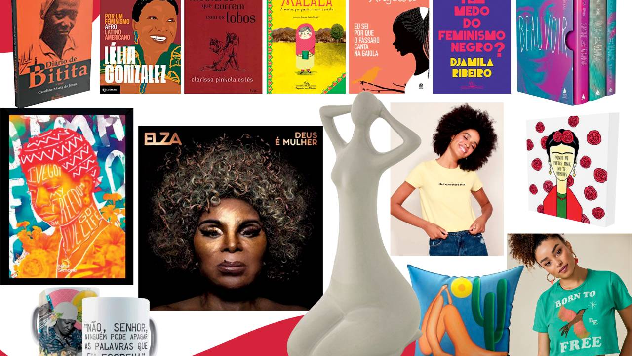 Livros, escultura, camisetas, almofada e CD para celebrar o mês das mulheres