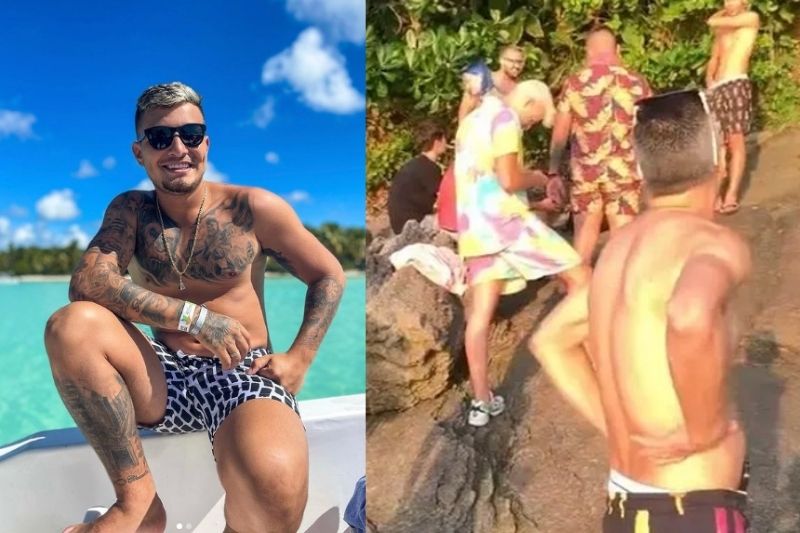 Montagem com foto de MC Gui e captura de vídeo que mostra ele e amigos em aglomeração na praia de Bertioga