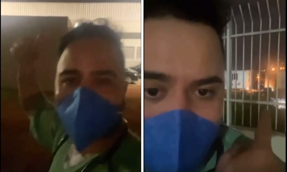 Médico apontado para o hospital; à direita, na montagem, médico apontado para a regão da onde vem o som alto da festa clandestina