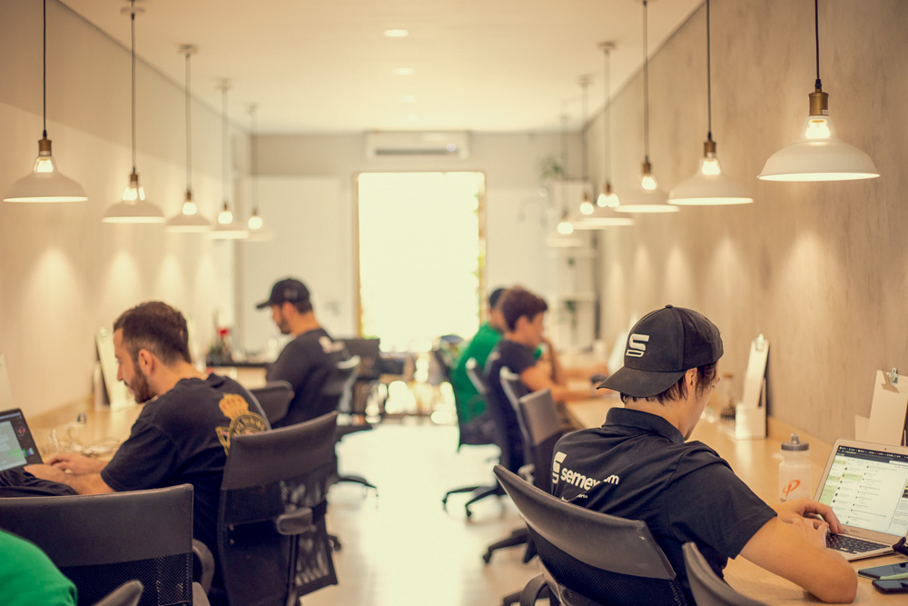 consultores sentados em uma sala olhando seus computadores