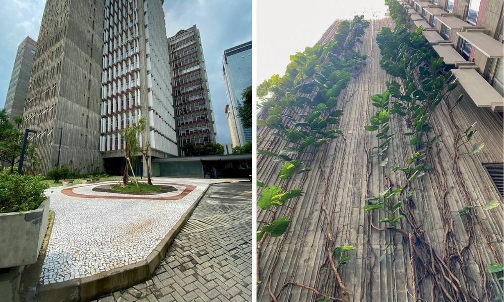 São Luiz, fachada do edifício e, na direita, parede ao lado do prédio com plantas