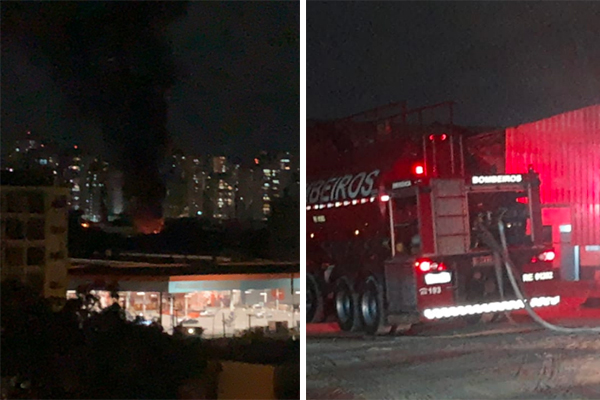 Montagem mostra, à esquerda, imagem que exige ao longe galpão pegando fogo e, à direita, caminhão do Corpo de Bombeiros