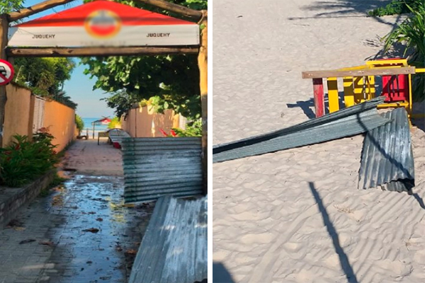 Montagem mostra duas fotos de entradas de praias de São Sebastião em que tapumes de metal aparecem jogados no chão e danificados
