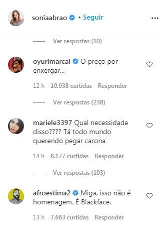 Comentários na postagem de Sonia Abrão. O primeiro diz 