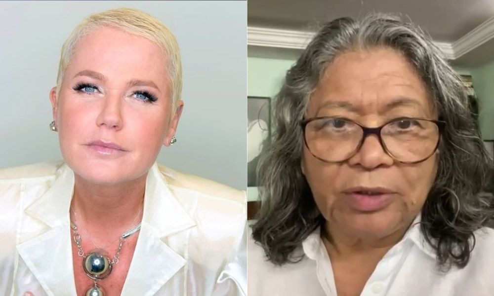 xuxa à esquerda posando para a câmera e Marlene Mattos à direita