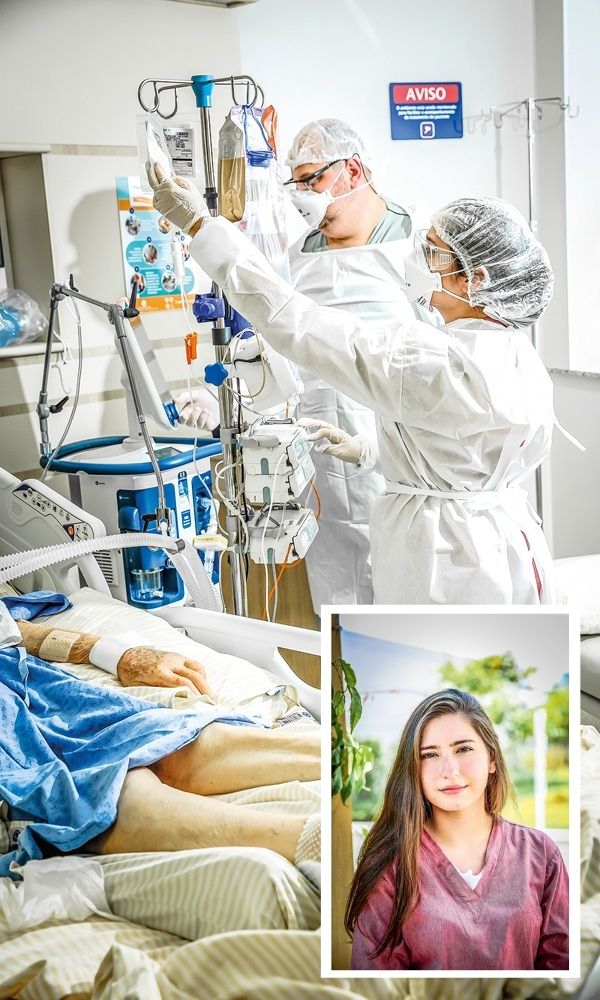Einstein Priscila Priscila e Gustavo em quarto de hospital, com o paciente na cama. Há também uma foto 3x4 com o rosto de Priscila