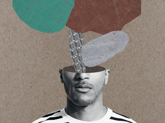 Homem com a cabeça ao meio tem formas abstratas saindo da cabeça