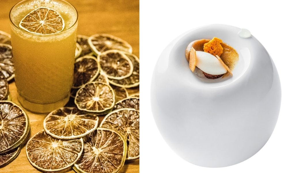 Jiquitaia e Evvai À esquerda, o drinque amarelado com rodelas de limão espalhadas em volta do copo. À direita, o pão de mel do Evva em um fundo branco
