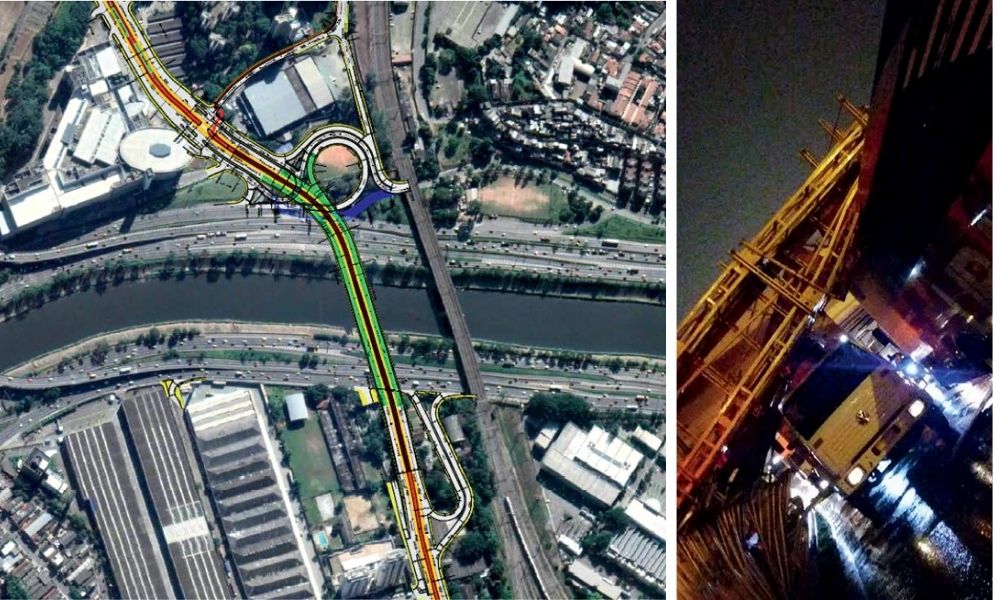 Ponte Pirituba Lapa mapa À esquerda, visão de satélite com a demarcação do lugar onde seria construído a ponte; à direita, passarela sobre o caminhão, na queda de 2019