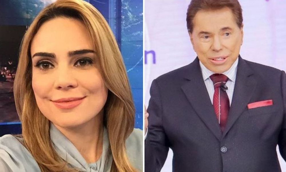 Montagem com duas fotos. À esquerda, Rachel Shaherazade sorri para uma foto, que tirou de si mesma. À direita, Silvio Santos está de terno e uma grava vermelha, em pé.