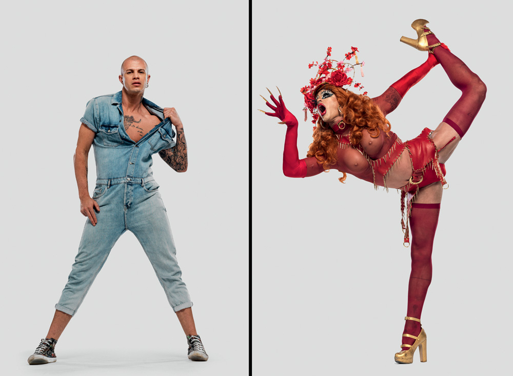 Hellena Borgys Hellena Borgys em duas imagens: à esquerda um homem careca de roupa jeans, à direita uma drag montada com roupa toda vermelha.