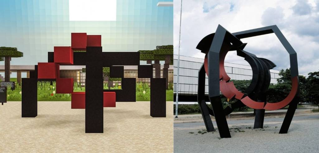 aranha-mine escultura Aranha, de Emanoel Araújo, no jogo minecraft (à esq.) e ao vivo