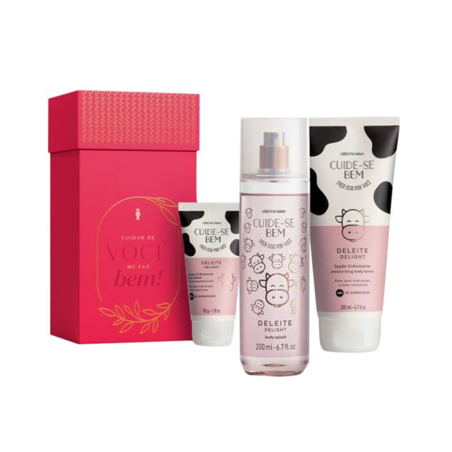 Montagem com caixa rosa para presente e loção hidratante, body splash e creme de mãos com estampa de vaca