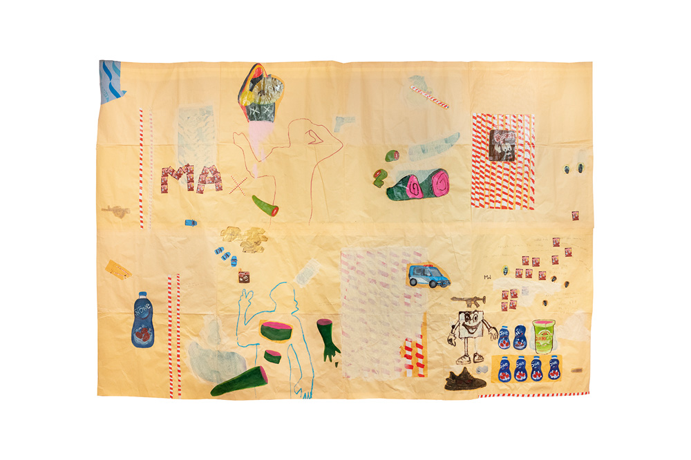 Créditos_Gabi Carrera (2).jpg Obra sobre papel pardo. Há várias colagens como pedaços de corpo, silhuetas de corpo, diário, carro e potes de desinfetante