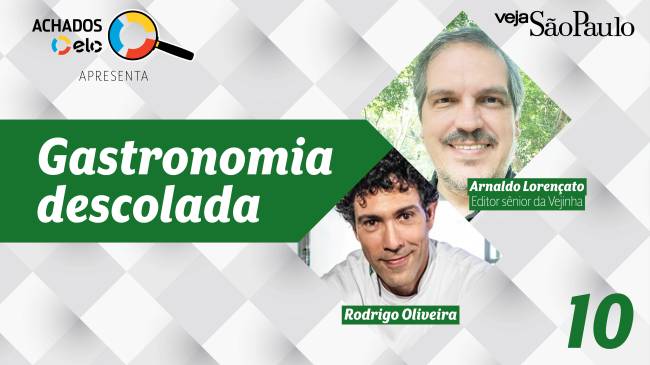 Card do podcast Gastronomia Descolada com fotos do apresentador, Arnaldo Lorençato, e da entrevistado, Rodrigo Mocotó.