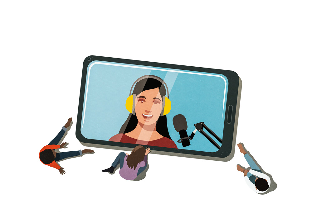 A imagem mostra uma ilustração com três pessoas setadas em torno de uma tela enorme. No centro dela, há uma mulher com fones de ouvido e um microfone de rádio