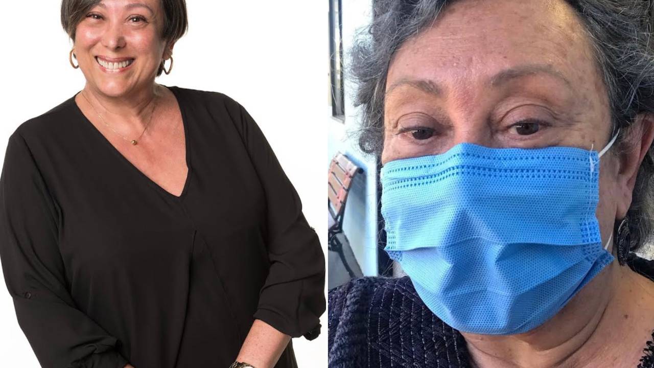 Foto dividia em duas. À esquerda, mulher com as mãos à frente do corpo. À direita, o rosto da mulher de máscara.