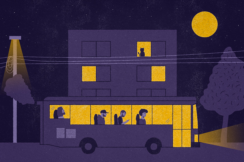 Ilustração em roxo e azul mostra ônibus passando pela cidade. Dentro, há passageiros em destaque