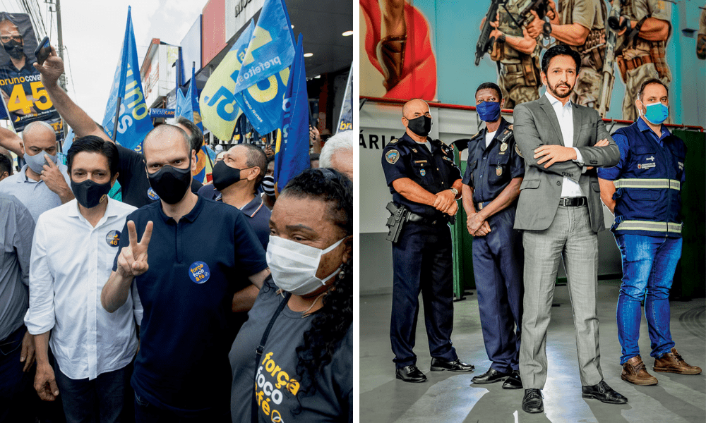 Ricardo Nunes Bruno Covas campanha força tarefa A imagem é uma montagem com duas fotos. À esquerda, Nunes e Covas, de máscara, durante campanha nas ruas de São Paulo, cercados de pessoas. À direita, Nunes está à frente de outros três policias, todos de máscara, com expressão séria encarando a câmera.