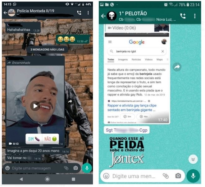 ofensas-homofóbicas-pm-berinjela imagem dividida, dois prints, em ambos, comentários homofóbicos a respeito de conteúdos sobre Guilherme