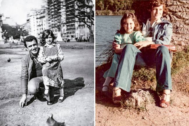Duas fotos unidas verticalmente por linha branca. À esquerda, imagem preto e branco de criança com pai (agachado ao lado dela) em praça. À direita, criança sentada com a mãe em árvore à beira de um lago.