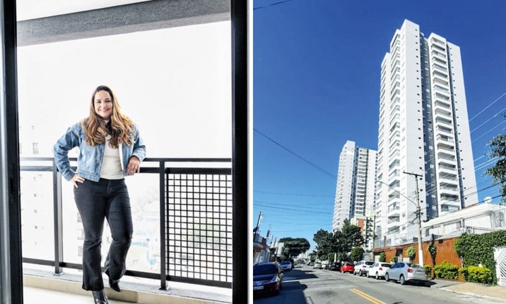 Anelise Capa Plano Torres Vila Matilde Penha A imagem dividida em duas mostra, à esquerda, Anelise apoiada despojada em sua sacada, de costas para ela, e sorrindo para a câmera. À direita, a imagem da perspectiva da rua enxerga um prédio grande na Vila Matilde.
