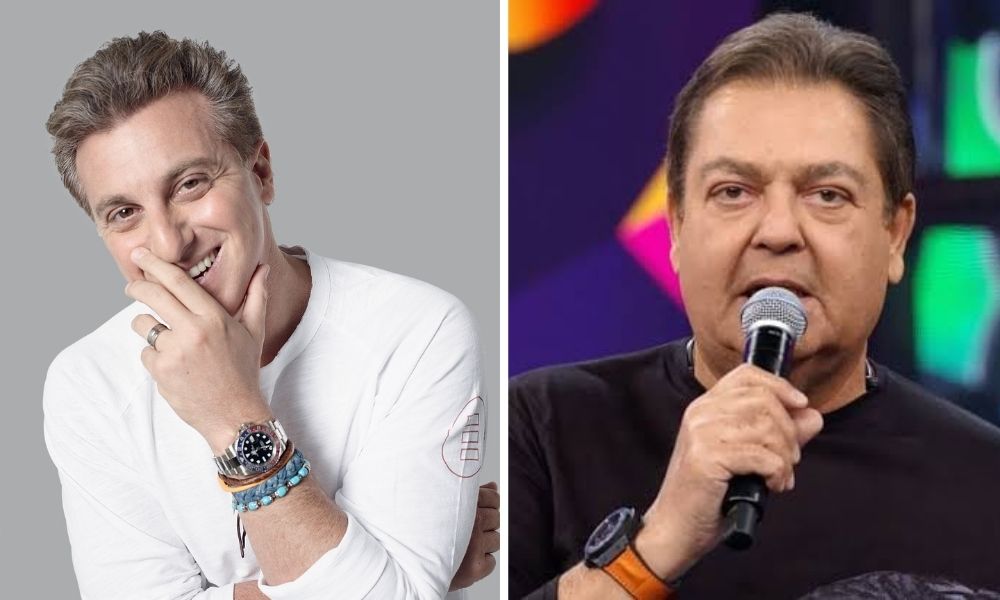 A imagem mostra uma montagem de Luciano Huck, sorrindo com a mão no queiro, à esquerda, e à direita aparece Faustão, durante seu programa, olhando para a câmera, segurando microfone