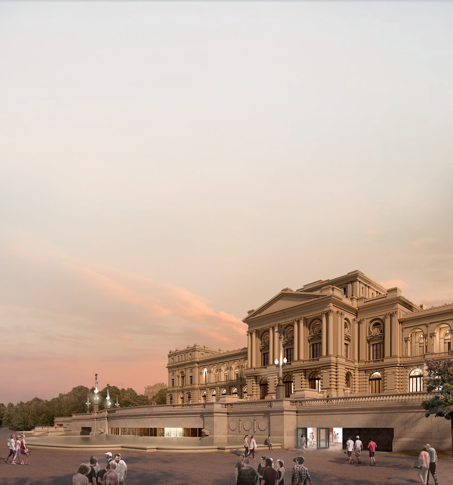 Museu-do-IpirangaGERAL-EXTERNA_07 A imagem é uma projeção virtual da nova fachada do Museu do Ipiranga. O céu é de fim de tarde, com o sol quase se pondo completamente.