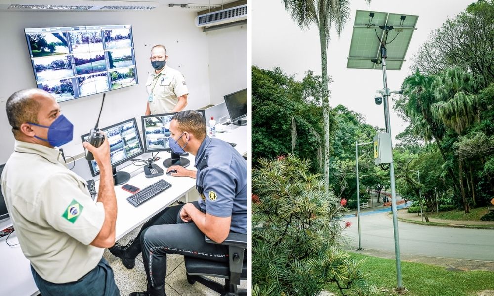 IBIRAPUERA cameras de monitoramento A imagem mostra duas fotos. À esquerda, guardas em uma sala repleta de telas para monitorar as câmeras de segurança do parque. À direita, uma das câmeras em um poste fino, próximo a uma via do Parque Ibirapuera.