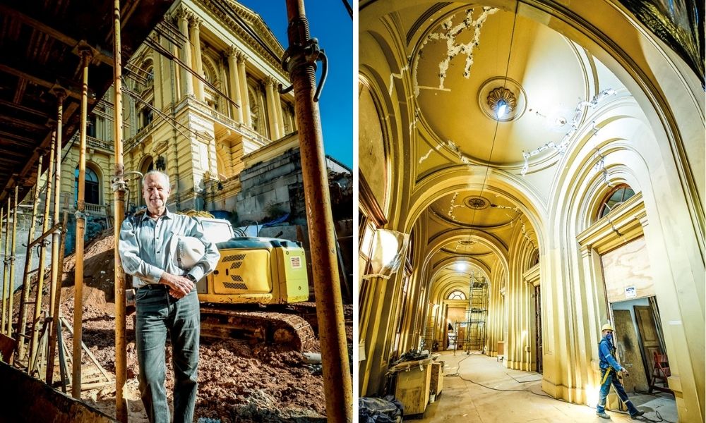A imagem da esquerda mostra Frederico Martinelli em frente à um terreiro de obras do Museu do Ipiranga. Ele está sorrindo para a câmera com um capacete debaixo do ombro. Na imagem da direita, um homem entra numa sala enquanto a fotografia enquadra um corredor inteiro, do chão ao teto, mostrando um andaime ao fundo.