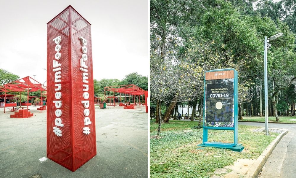 Totens de Anuncio Parque Ibirapuera A imagem mostra, à esquerda, a praça de alimentação temporária, com patrocínios da Ifood. À direita, um totem em uma rua dentro do Parque Ibirapuera.