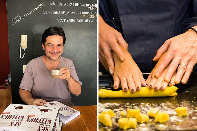 Duas imagens unidas verticalmente por linha fina branca. À esquerda Alessander Guerra sentado à mesa tomando café com o livro Sex and the Kitchen sobre o tampo de madeira. À direita, dois pares de mãos, um sobre o outro, enrolando nhoque sobre a mesa.