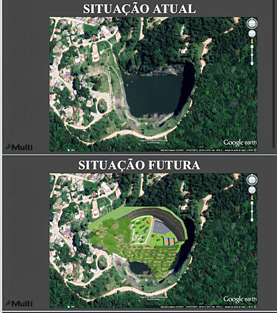 pedreira-dib-imbróglio-ambiental-mairiporã-simulação.jpg imagem dividida em duas: na parte de cima, foto aérea da região da pedreira escrito