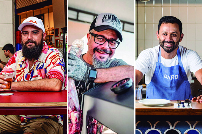 Três imagens unidas verticalmente por linha fina branca. À esquerda, Romulo Morente, do Moela Bar, sentado em mesa em frente ao bar enquanto segura um copo de cerveja. Ao centro, o churrasqueiro Bruno Panhoca e à direita, o chef Dagoberto Torres sorrindo atrás de bancada na cozinha do Barú Marisquería.