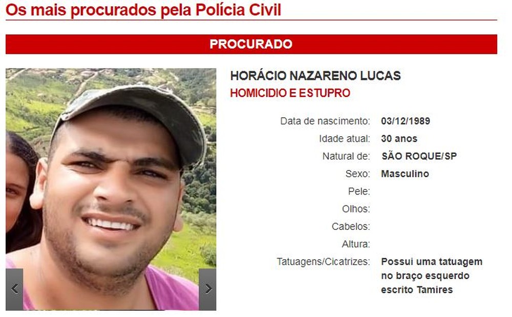 lista-procurados-pai-matou-filha-denúncia-estupro-são-roque print de site da polícia civil de sp com dados do horácio à direita e sua foto, à esquerda
