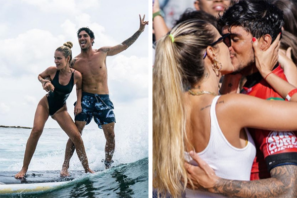 Montagem mostra, á esquerda, Medina e a esposa surfando e, a direita, Medina e Brunet se beijando