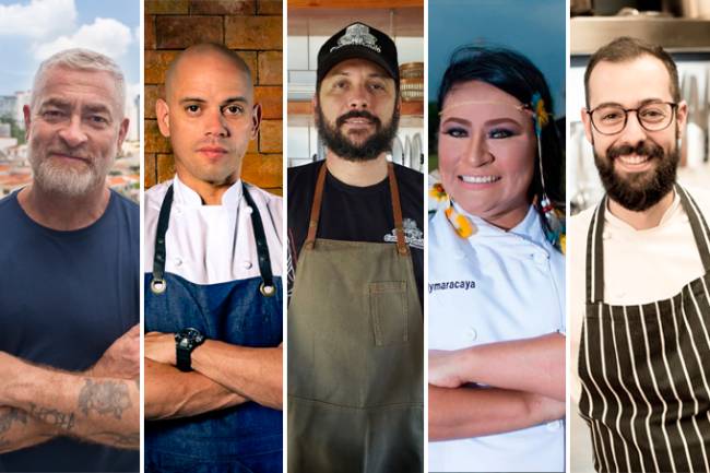 Portinha Artois chefs conviados Imagens verticais unidas por linhas finas brancas do chef Alex Atala, Fabrício Lemos, Saulo Jennings, Kalymaracaya Nogueira e Marcelo Schambeck.