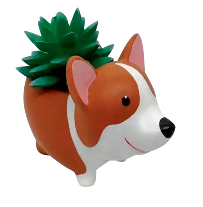 Um vasinho de plantas com desenho de cachorro em plástico