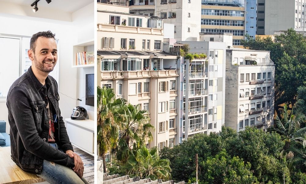 Baleeiro retrofit centro A imagem mostra Baleeiro dentro de um apartamento, apoiado numa mesa, posando para foto sorrindo para a câmera. À direita, a imagem mostra um prédio no Centro de São Paulo, uma fachada com quadrados amarelos.