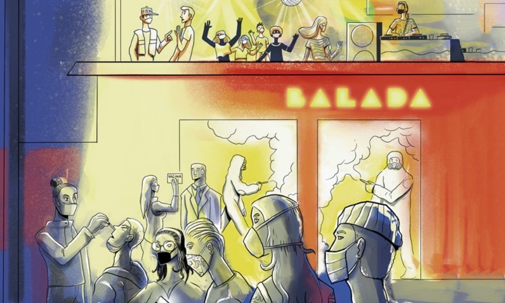 A imagem mostra uma ilustração. Há uma balada ao fundo, e na frente, uma fila de pessoas de máscara esperando sua vez de serem testados para Covid-19, como acontece com a pessoa no fim dela.