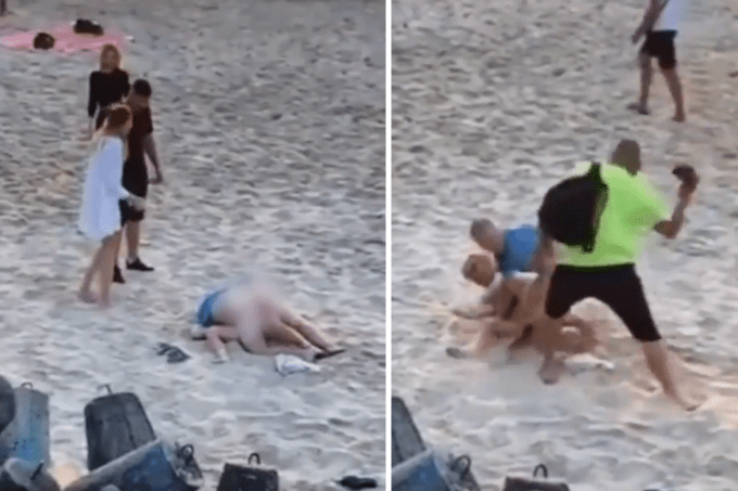 São duas imagens: uma mostra um casal fazendo sexo em uma praia enquanto pessoas passam; a outra mostra um homem batendo no rapaz que está praticando o ato com um chinelo