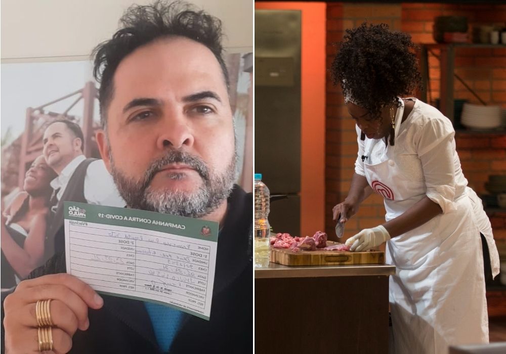 imagem dividida em duas: à esquerda, o marido de cecília ramos mostrando cartão de vacinação e à direita cecília ramos atuando no programa masterchef