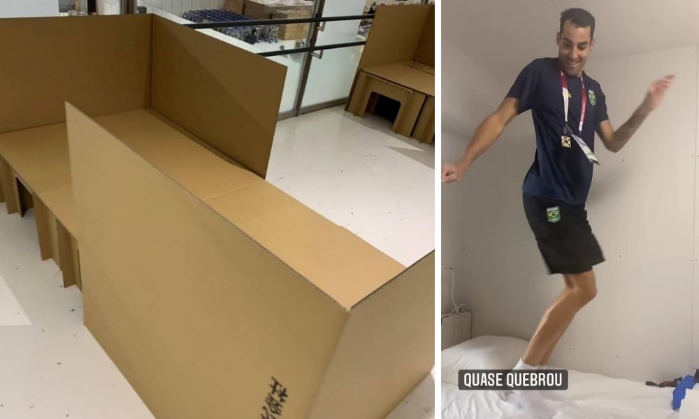 Cama antissexo? Atletas olímpicos testam mobiliário e divertem o público