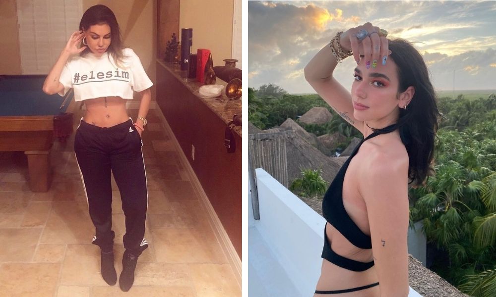 A imagem é um montagem com duas fotos. À direita, Dua Lipa posa de costas virando a cabeça para trás e olhar para a imagem. À esquerda, Liziane posa com uma camisa escrito "Ele Sim"
