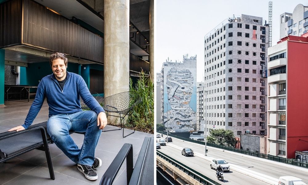 Edifício Minhocão A imagem mostra André Czitrom na entrada de um prédio, sentado em m banco. À direita, outra fotografia retrata um prédio logo em frente ao minhocão, ainda sem pintura.