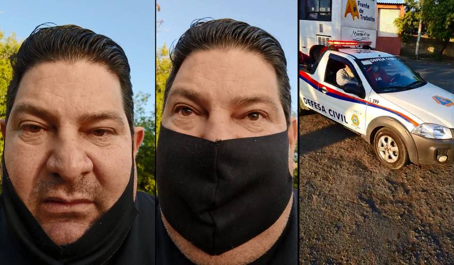 Imagem mostra prefeito de Monte Mor, Edivaldo Brischi, em duas situações: com e sem máscara. Terceira imagem mostra carro da guarda civil da cidade