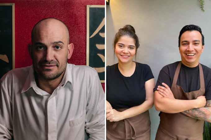 Duas fotos verticais unidas por linha fina branca. À esquerda o chef Gerard Barberan, do Kuro, de camisa social em frente à parede vermelha. À direita, Luana Sabino e Eduardo Ortiz, do Metxi, lado a lado com camisetas pretas e aventais marrons.