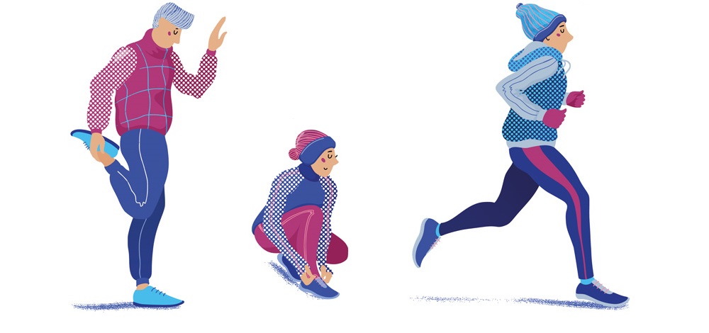 Ilustrações em tons de roxo e azul que têm três pessoas praticando exercícios físicos com roupas de inverno